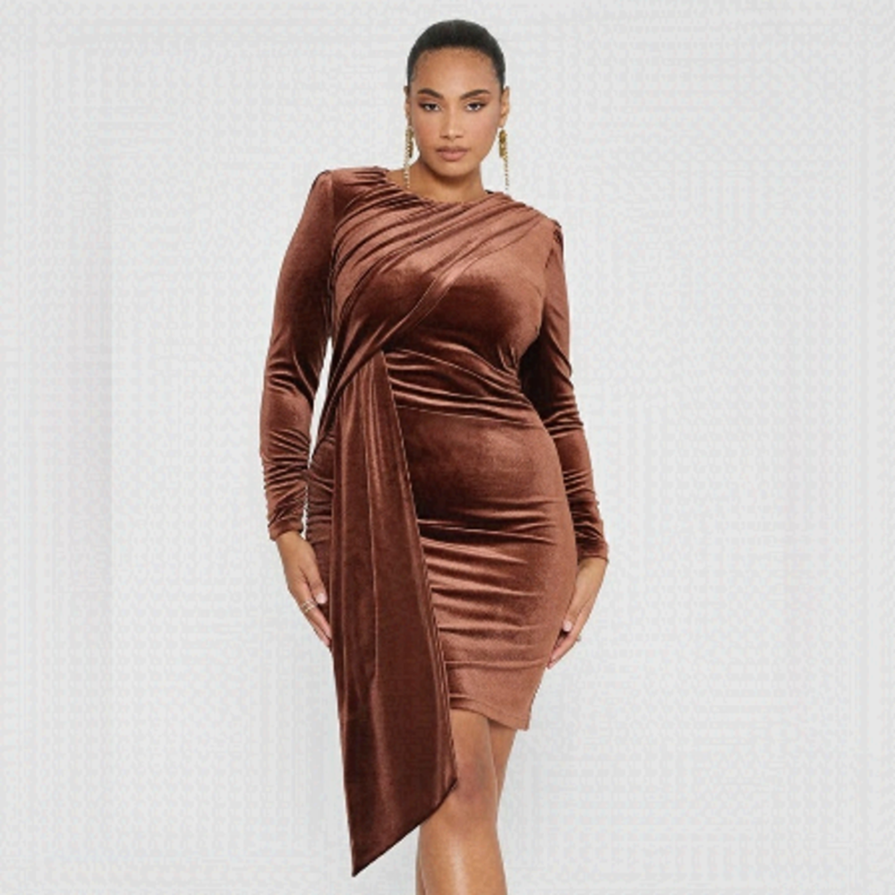 FASHION to Figure Tyana Velvet Drapes Dress 3X Brown